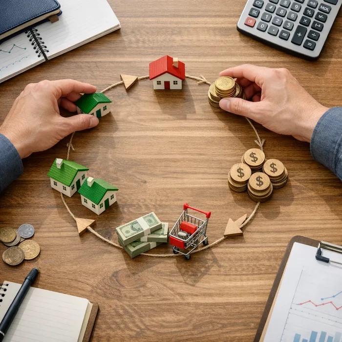 Visualisierte Systemkarte wirtschaftlicher Faktoren wie Inflation, Zinsen und Wachstum